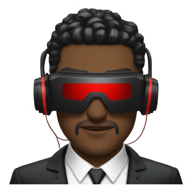 Cyberpunk man wearing black suit, red VR headset sticker