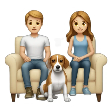 Brown hair White boy and girl with beagle Sit on couch sticker
