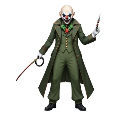 evil clown, bald, small black horns on forehead, fangs, pointed ears, eye patch over one eye, long coat over black and military green leisure suit with bellbottom pants, tail, holding a whip, no knife, realistically proportioned, less bulky, full body, battle-ready, fighting posture sticker