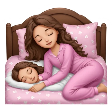 Brunette girl with long wavy brown hair with brown eyes and sleeping on a withe bed with cute pink pjs (just one girl) and with closed eyes sticker