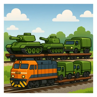 Create a highly realistic image of an ordinary cargo train transporting military equipment such as tanks and trucks, in a classic emoji style. This is variant 1. sticker