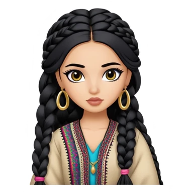 Afghan nose, pretty lips, afghan clothes, medium skin,  long black hair braid, pretty bratz baddie, black eyeliner sticker