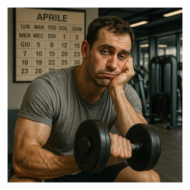 hyper realistic man doing high repetitions in gym, bored expression, calendar in background with days and months written in Italian, anatomical details, atmosphere of wasting time, modern gym background sticker