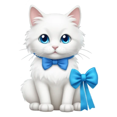 A fluffy white cat with blue eyes sitting with a bow on the left ear sticker