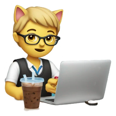 Marketing team member(visual is cat) working while drinking iced coffee sticker