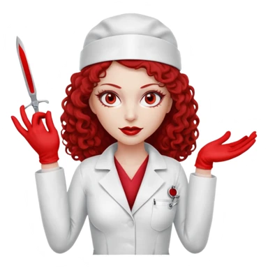 


Scary woman scalpel in hand, evil surgeon sexy surgeon clothes.  She has redcolored  eyes. Her  hair only is free ne brown long curly hair. Wears sexy doctor outfit with red gloves. make her wear red ski mask  to hide. Wears white surgeon coat, wears  stilettos sticker