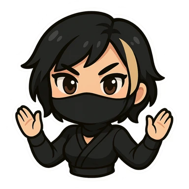Change the character's hair to black short hair with a blonde streak. Keep only the head and arms visible. Depict a sexy chibi ninja girl with bold outlines. The image should have a transparent background and be sized for Twitch emoji use. sticker