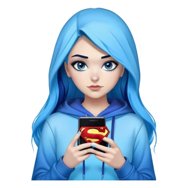 Female-sorry-Very tall-very very very large chest-texting on a samsung cell phone-very long straight black to sky blue hair ombre-blue eyes-black eyeliner-long eyelashes-hoodie with glitter superman logo-leggings-lippierced sticker