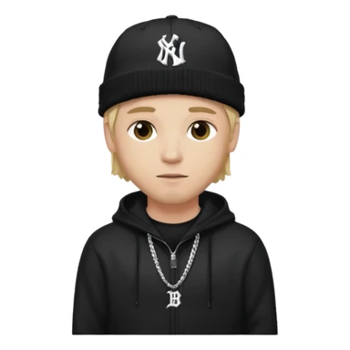 rapper da trắng, tóc vàng, full đen, có mũ len hãng MLB, đẹp trai
 sticker