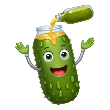 a cartoon pickle with juice squirting from the top of it, being squeezed by a hand sticker