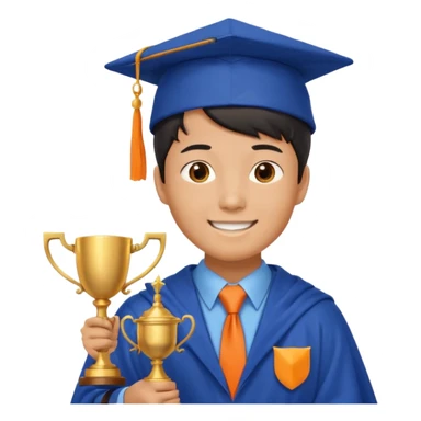 An asian man wearing student hat, blue student mantle and orange tie, holding a trophey sticker