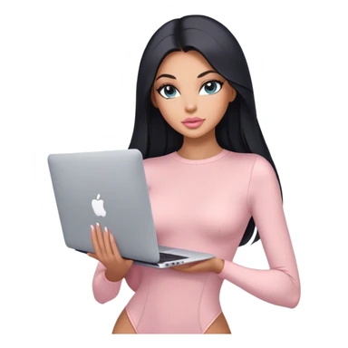 Glamours, tanned, very beautiful girl, with big pump peach-beige-rose lips, black straight smooth silky long hair, straight parting hair, blue-grey eyes, in light-pink bodysuit holding MacBook sticker