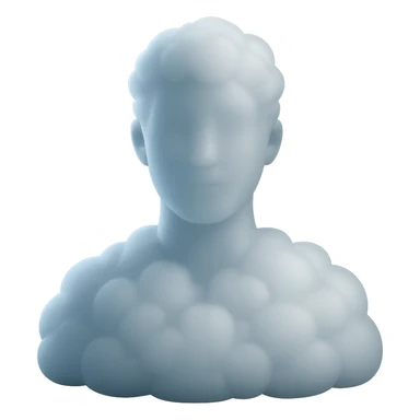 person shoulders up, looking straight, fully made of white fluffy convex clouds, matte glass style, volumetric and soft clouds, no background sticker