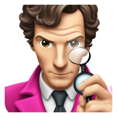 Benedict Cumberbatch-like Sherlock Holmes all in all intensive pink suit holding magnifying glass, upper body sticker