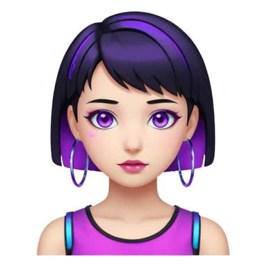 Emoji estilo anime cyberpunk: garota com cabelo curto preto, olhos roxos expressivos, expressão confiante, argolas grandes, pele iluminada por neon azul e rosa, visual moderno e vibrante, cores fortes e estilo futurista simplificado. sticker