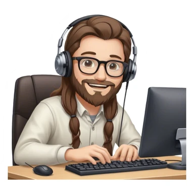 white man with long brown hair, glasses, headphones and beard sitting at a computer with a mouse and keyboard, smiling sticker