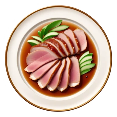 Peking Duck Cinematic Realistic Peking Duck Dish Emoji, depicted as thinly sliced duck breast with crispy skin and succulent meat, rendered with vivid textures and dynamic, appetizing lighting. sticker
