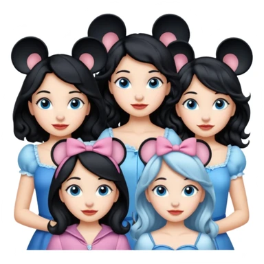 escribe el nombre Disneyland Paris y para titulo, pon a quatro chicas: una pelo corto negro, una pelo rizado largo, una pelo largo liso y la otra pelo ondulado mediano, esta con el ojos azules. Todas tienen piel carne sticker