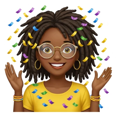 darker skin female with dark dreadlock hair wearing large round glasses and a yellow top celebrating with confetti sticker