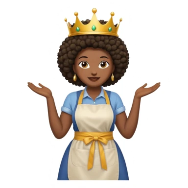Mujer curvy afro, con piernas gordas y vestimenta cómoda, usando delantal,con una corona sobre su cabeza y sonrisa contagiosa.  sticker