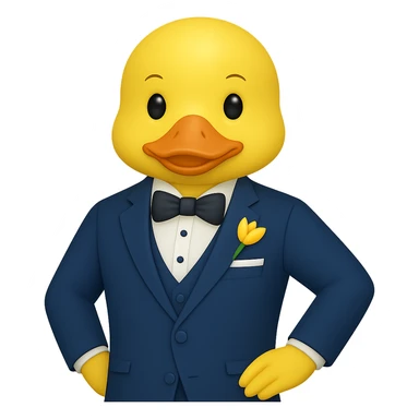 Create a gentlemanly yellow duck in a blue suit, standing with one hand on hip, in the style of apple emojis, with no background. sticker