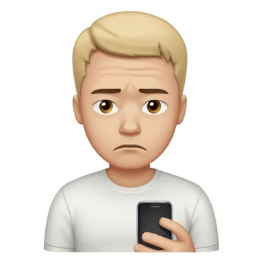 A sad-looking cartoon man holding a smartphone, staring at the screen with worried eyes and a frown, wearing a white shirt. sticker