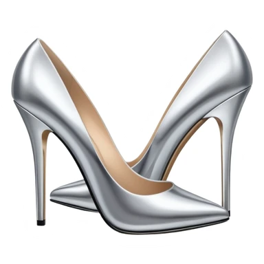 A pair of high heel shoes emoji made of polished silver chrome, elegant sharp silhouette, smooth metallic surface, glossy reflections, luxury sexy vibe, minimalistic iOS emoji style, centered, clean white background sticker