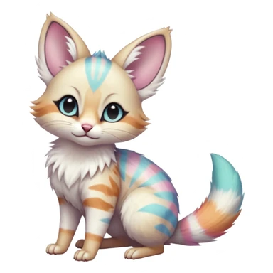  cute adorable whitish pastel fur with random colorful markings iridescent beautiful elegant pretty precious cute  Fakémon-Pokémon-alien-opossum-feline-serval-caracal-chinchilla-Minccino-hybrid-creature with a big fluffy bushy striped tail (full body) sticker