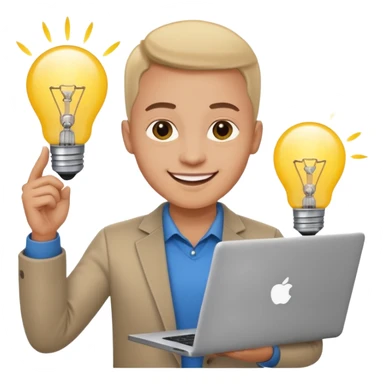 smiling person entrepreneur with laptop and lightbulb sticker