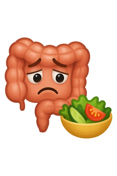 EMOJI STILE IPHONE DI UN INTESTINO UMANO ANATOMICO CHE GUARDA UN INSALATA CON ESPRESSIONE TRISTE E RASSEGNATA IN VOLTO: SOFFRE LA FAME PERCHé è A DIETA, FAGLI ANCHE LA PARTE BIANCA DEGLI OCCHI, NON SOLO LE PUPILLE sticker