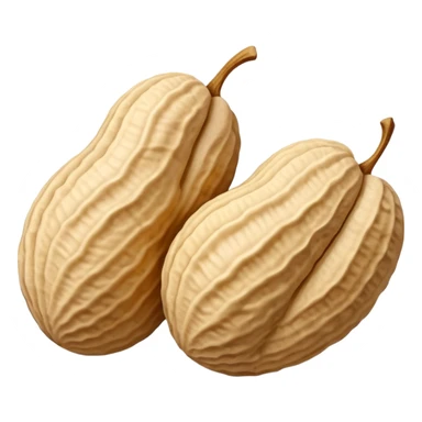 two or three whole peanuts in rough beige textured shells with irregular oval shapes and natural ridges, one shell slightly open revealing smooth pale nuts inside, apple emoji style, soft lighting, subtle shadows, transparent background, emoji scale sticker