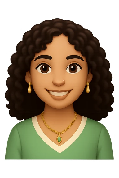 Change the hairstyle of the young woman to curly hair worn loose. Keep her smiling with dark brown hair, brown eyes, nose piercing, wearing a green and cream blouse and a gold necklace. Convey happiness and relaxation. Remove any background, make it transparent. sticker