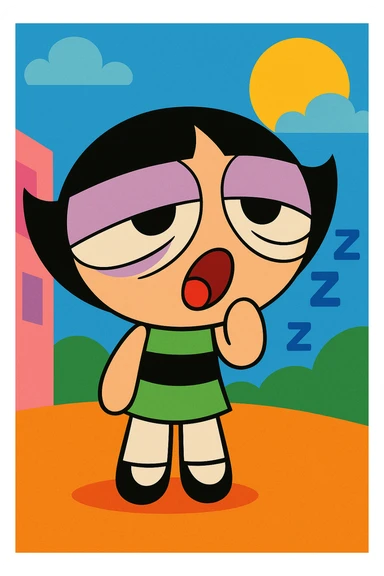 Powerpuff Girls character with a sleepy emotion, cartoon style, vibrant colors sticker