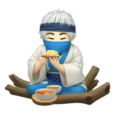 blindfolded man sitting on a log with white anime style hair and blue kimono eating ramen sticker