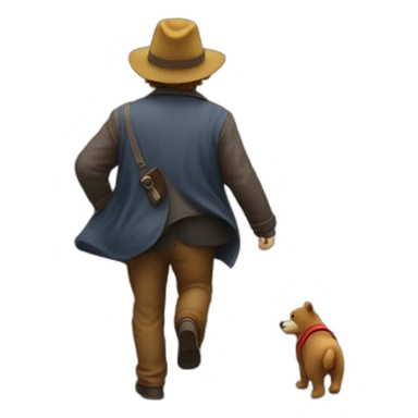 a developer walking away in the distance paddington bear after finishing a ticket. The man should have an eye sticker