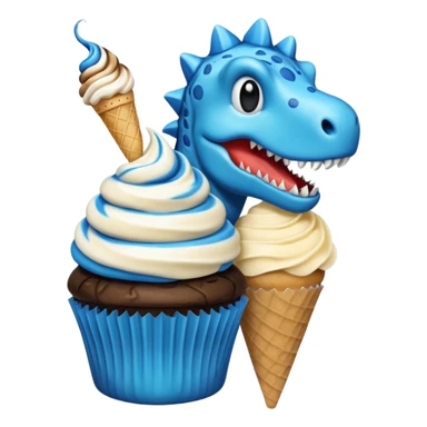 A cupcake having blue and black icing and a dinosaur as a decoration and ice cream next to it sticker