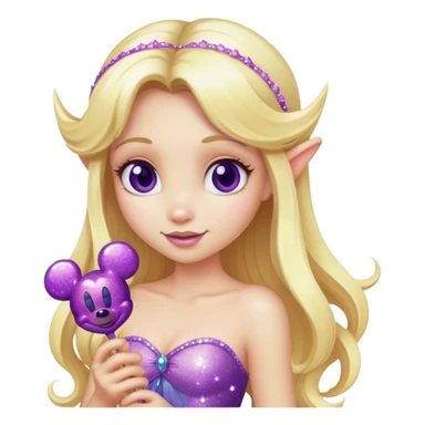 Long hair blonde fairy with purple sparkles holding a Mickey pop   sticker