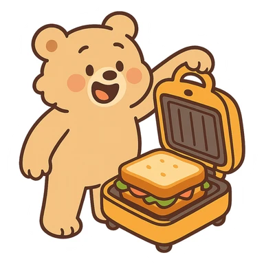 soft pastel creamy brown fluffy bear sandwich maker opening with a cute sandwich inside, full-body sticker