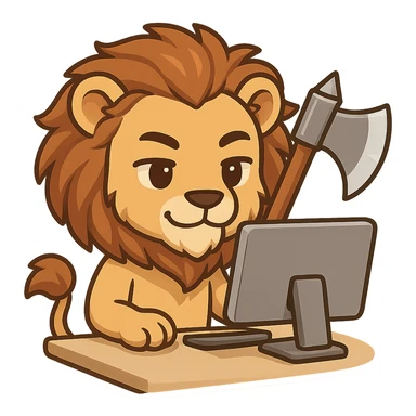 humanoid lion with an axe gamer sitting at a monitor, Telegram sticker style, modern, humorous sticker