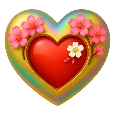 Replace the shimmer effect with a rainbow shimmer on the gold and silver highlights of the heart with a sakura blossom overlay in the style of apple emojis, no background. sticker