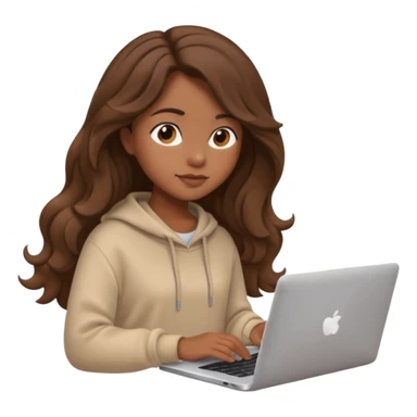 make a picture in ios 18 style of a girl with brown long wavy hair wearing cozy beige clothes and working on a laptop sticker