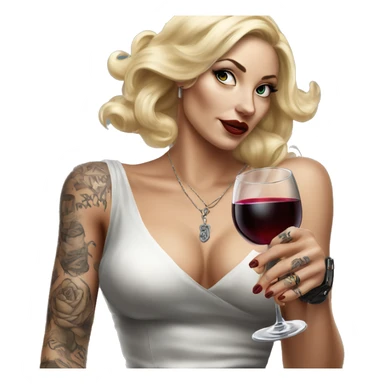 Blonde elegant women, her body covered with tattoos, wine in her one hand, pointing on you with her other hand , Hyper realistic sticker