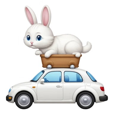 Please create a small emoji the size of 🚗 featuring a pure white cat with bunny tail with blue eyes on a white saloon car viewed from side. Again it is necessary that the emoji must be extremely small, much smaller than a standard sized sticker. sticker