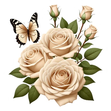 A bouquet of white Ascott tea roses next to a beige aesthetic and a brown beautiful butterfly sticker