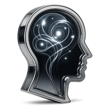 reflective chrome silhouette of a head with swirling energy and orbs inside, representing thought sticker