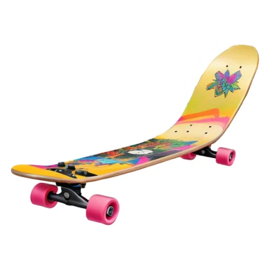 An icon featuring a skateboard resting on a smooth concrete surface. The background shows a sunny skate park with ramps, graffiti walls, and palm trees, creating an urban vibe. The skateboard is designed with vibrant colors and unique graphics. Transparent background  sticker