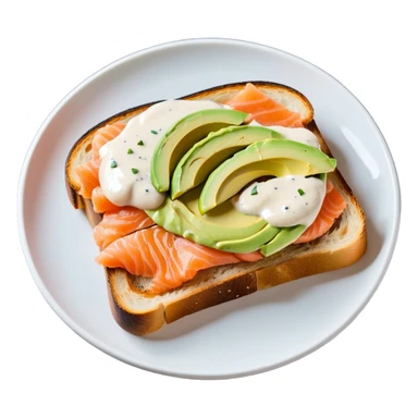 salmon open toast with white sauce and avocado sticker