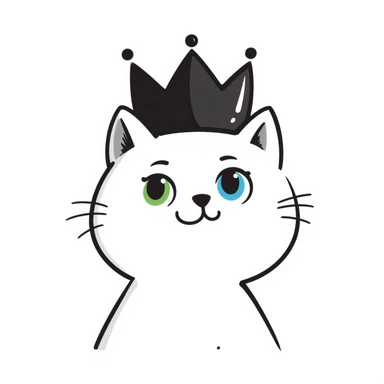 white cat with one green eye and one blue eye, wearing a princess crown, hand drawn doodle style sticker