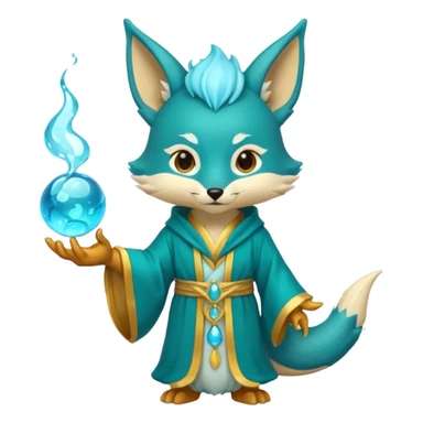 Chibi teal fox with gold mark on forehead, teal-gold robe, holding glowing blue water orbs, with a dragon tail on its backside with small antler horns on its head sticker