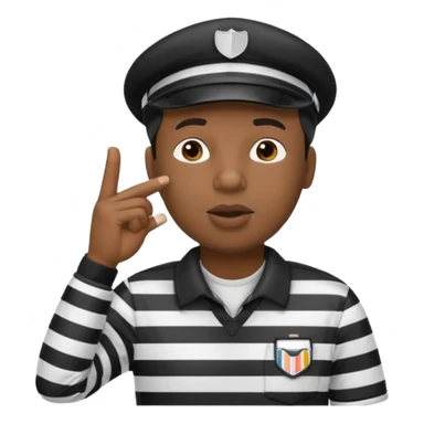 A black calm referee with striped shirt, wearing a cap while blowing a whistle, pointing clearly toward the field. sticker